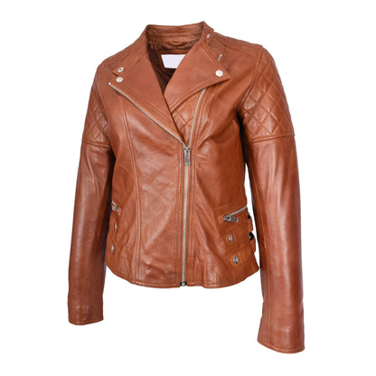 Womens Real Leather Biker Jacket Classic Cross Zip Style Molly Chestnut Tan - genuine leather jacket in tan with distinct diamond-quilted stitch detailing on the shoulders and back