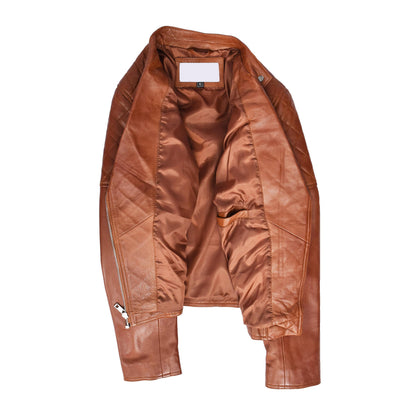 Womens Real Leather Biker Jacket Classic Cross Zip Style Molly Chestnut Tan - genuine leather jacket in tan with zipped cuffs for a snug, adjustable fit