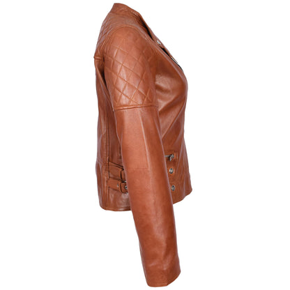 Womens Real Leather Biker Jacket Classic Cross Zip Style Molly Chestnut Tan - genuine leather jacket in tan with buckled waist adjusters for a tailored silhouette. soft polyester lining for a comfortable wear