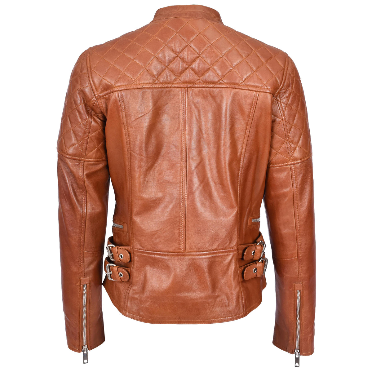 Womens Real Leather Biker Jacket Classic Cross Zip Style Molly Chestnut Tan - genuine leather jacket in tan with cross zip
