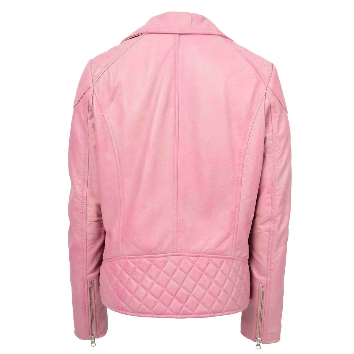 Womens Real Leather Biker Jacket Cross Zip Pockets Cherry Pink - genuine leather jacket in pink with inside polyester lining. 100% real leather