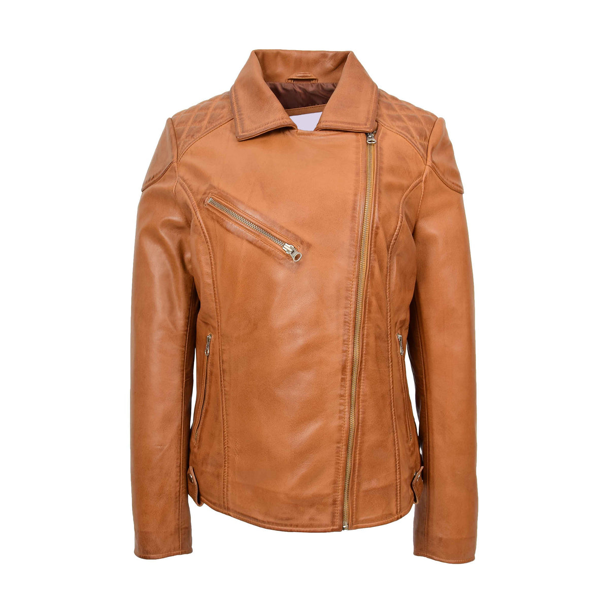 Womens Real Leather Biker Jacket Cross Zip Pockets Cherry Tan - genuine leather jacket in tan with it features diamond quilted stitch shoulders and waist, cross zip fastening, three outer zip pocket, inside one open pocket and zipped cuffs.