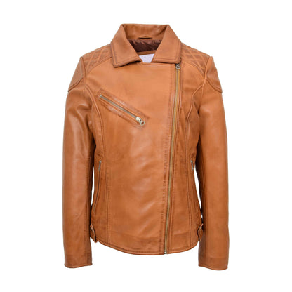 Womens Real Leather Biker Jacket Cross Zip Pockets Cherry Tan - genuine leather jacket in tan with it features diamond quilted stitch shoulders and waist, cross zip fastening, three outer zip pocket, inside one open pocket and zipped cuffs.