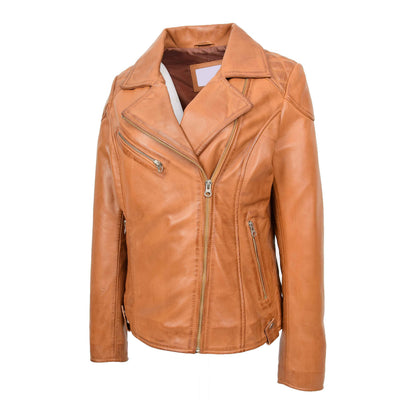 Womens Real Leather Biker Jacket Cross Zip Pockets Cherry Tan - genuine leather jacket in tan with cross zip