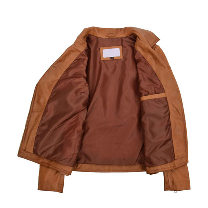 Womens Real Leather Biker Jacket Cross Zip Pockets Cherry Tan - genuine leather jacket in tan with biker