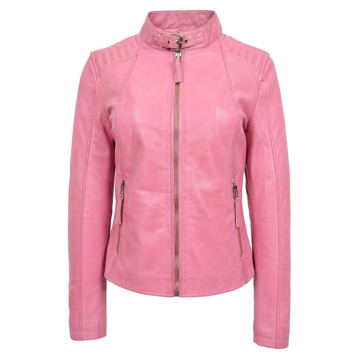 Womens Real Leather Classic Biker Jacket Sophia Baby Pink - genuine leather jacket in pink with two outer pockets