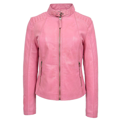 Womens Real Leather Classic Biker Jacket Sophia Baby Pink - genuine leather jacket in pink with two outer pockets