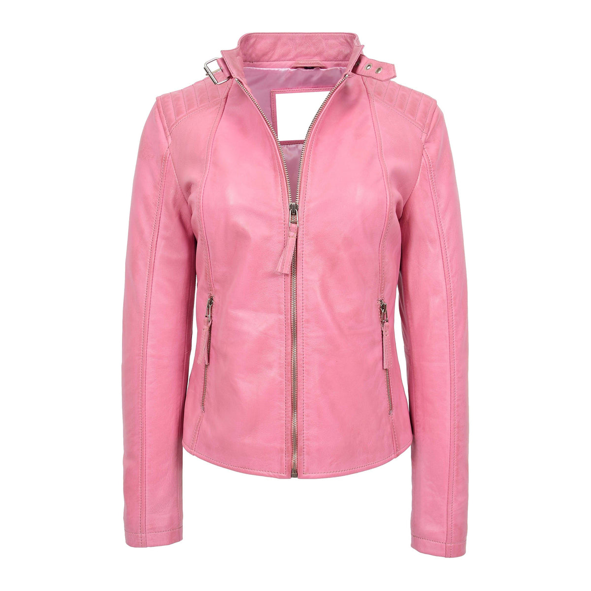 Womens Real Leather Classic Biker Jacket Sophia Baby Pink - genuine leather jacket in pink with biker