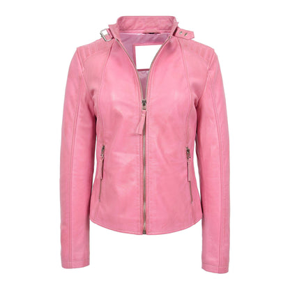 Womens Real Leather Classic Biker Jacket Sophia Baby Pink - genuine leather jacket in pink with biker