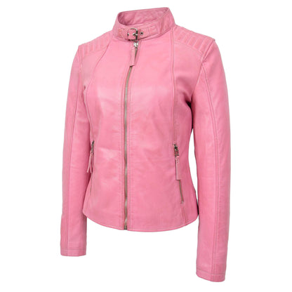Womens Real Leather Classic Biker Jacket Sophia Baby Pink - genuine leather jacket in pink with two outer pockets