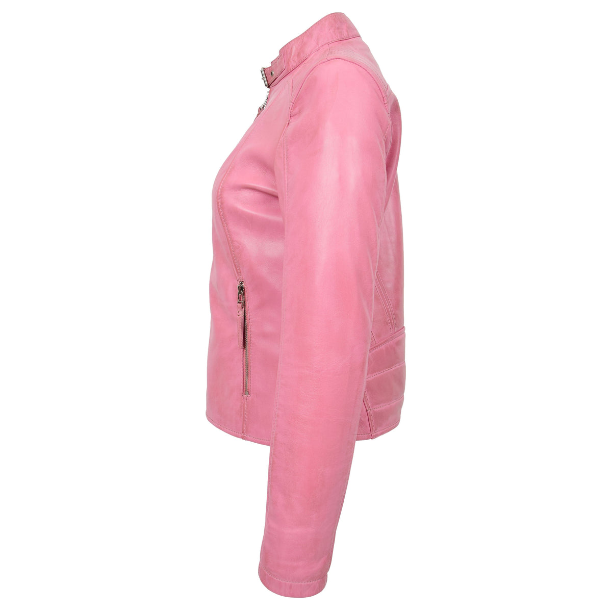 Womens Real Leather Classic Biker Jacket Sophia Baby Pink - genuine leather jacket in pink with biker