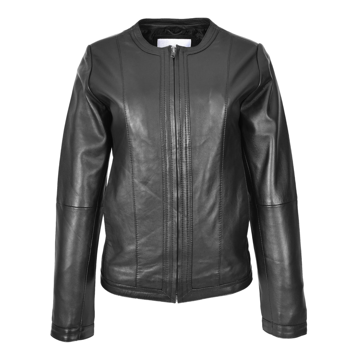 Womens Real Leather Collarless Fashion Jacket Slim Fit Style Clara Black - genuine leather jacket in black with crafted from premium sheep nappa leather