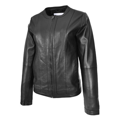 Womens Real Leather Collarless Fashion Jacket Slim Fit Style Clara Black - genuine leather jacket in black with classic collarless design with front zip fastening