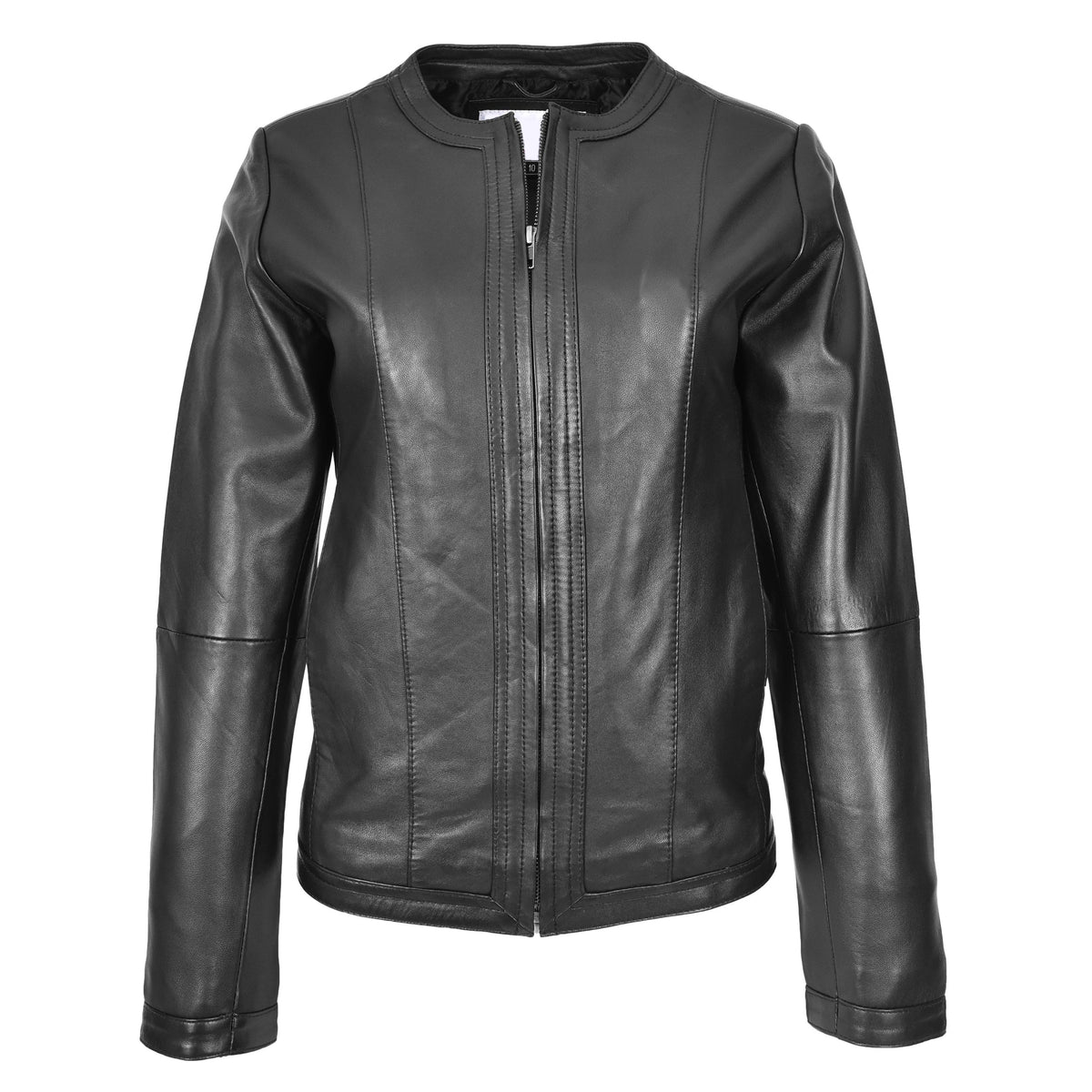Womens Real Leather Collarless Fashion Jacket Slim Fit Style Clara Black - genuine leather jacket in black with two convenient outer pockets