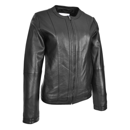 Womens Real Leather Collarless Fashion Jacket Slim Fit Style Clara Black - genuine leather jacket in black with comfortable polyester lining for a smooth fit
