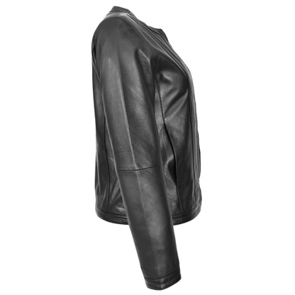 Womens Real Leather Collarless Fashion Jacket Slim Fit Style Clara Black - genuine leather jacket in black with crafted from premium sheep nappa leather