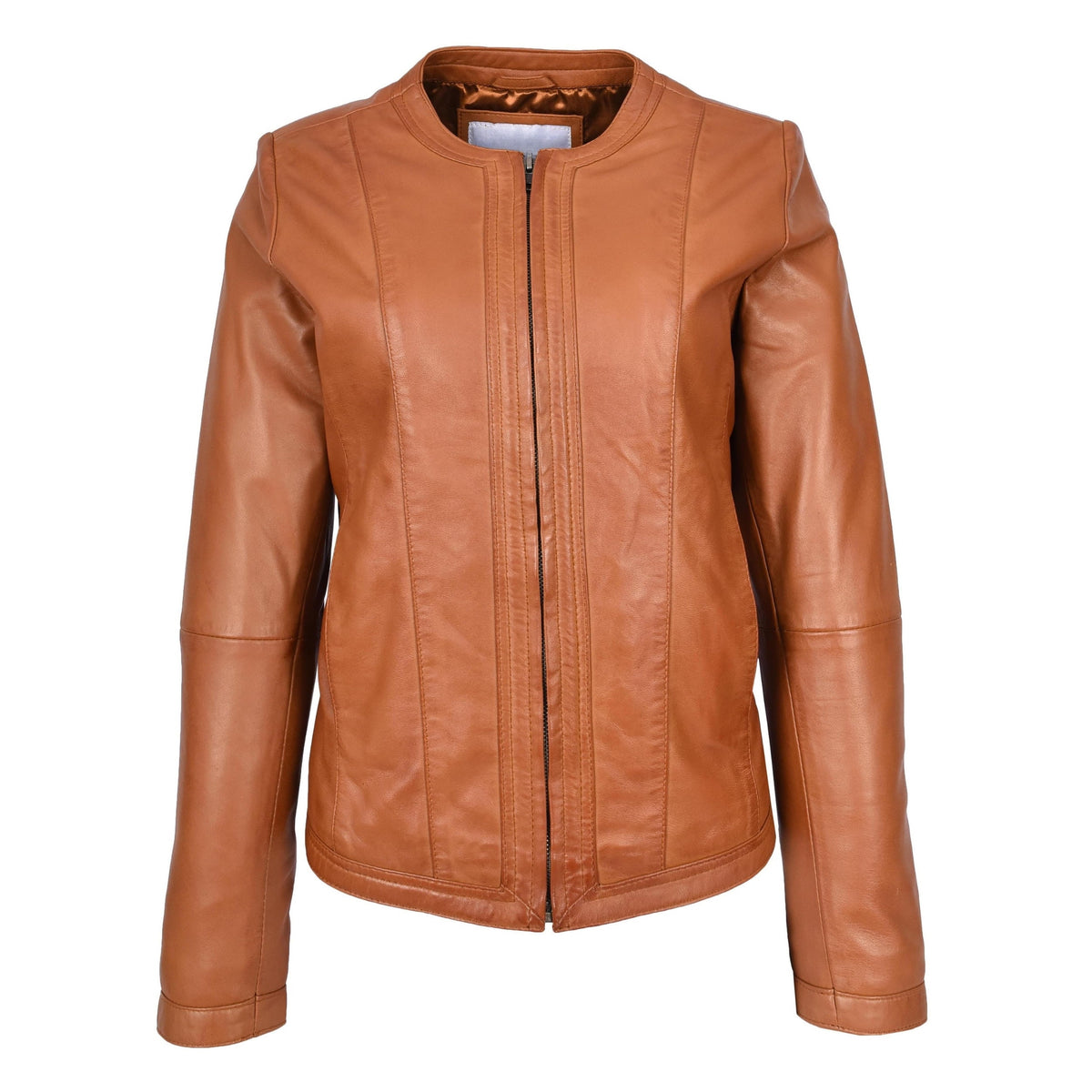 Womens Real Leather Collarless Fashion Jacket Slim Fit Style Clara Tan - genuine leather jacket in tan with crafted from premium sheep nappa leather