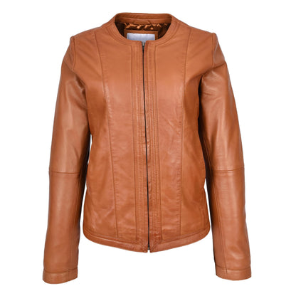 Womens Real Leather Collarless Fashion Jacket Slim Fit Style Clara Tan - genuine leather jacket in tan with crafted from premium sheep nappa leather