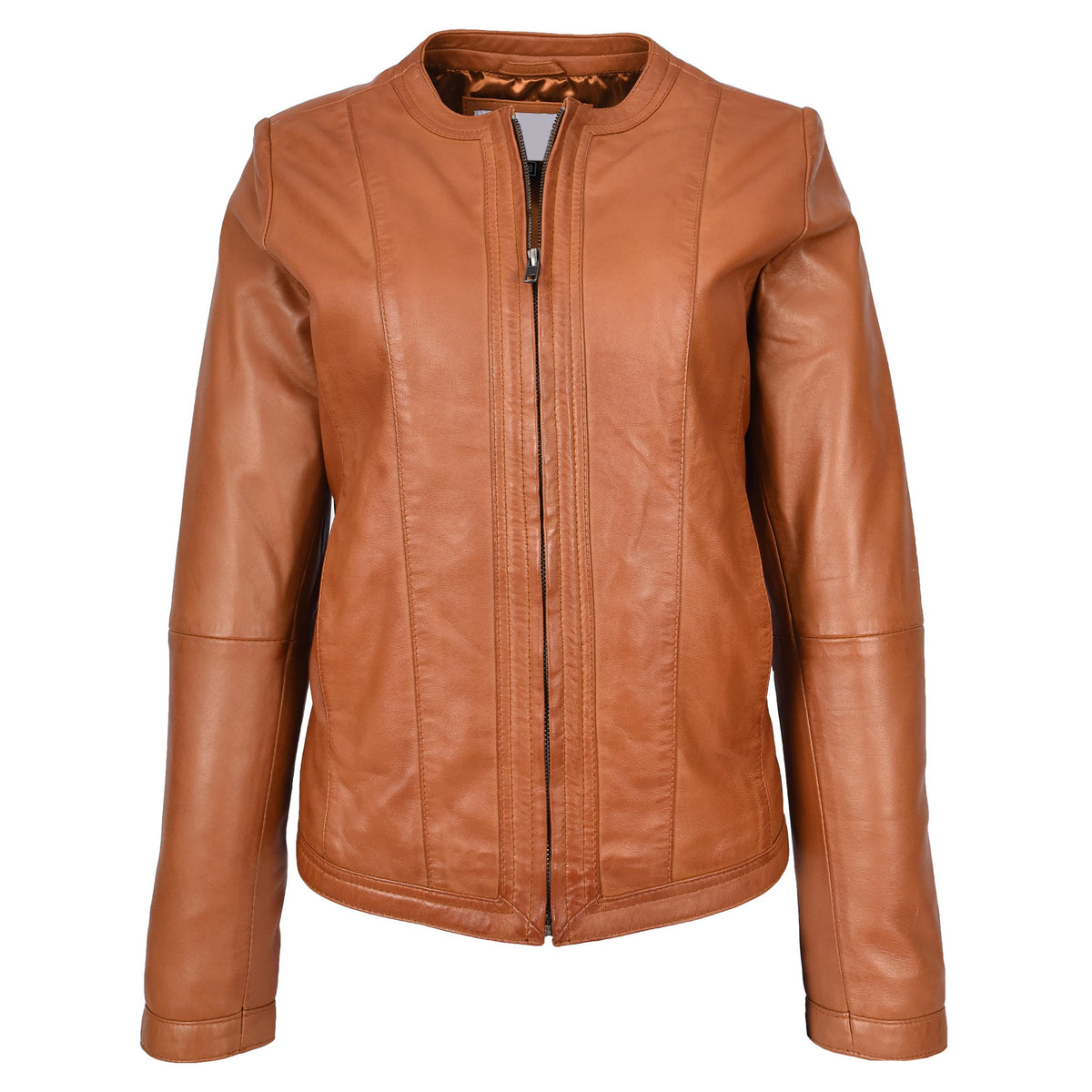 Womens Real Leather Collarless Fashion Jacket Slim Fit Style Clara Tan - genuine leather jacket in tan with classic collarless design with front zip fastening