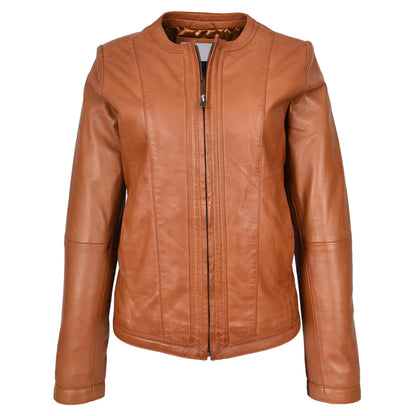 Womens Real Leather Collarless Fashion Jacket Slim Fit Style Clara Tan - genuine leather jacket in tan with classic collarless design with front zip fastening