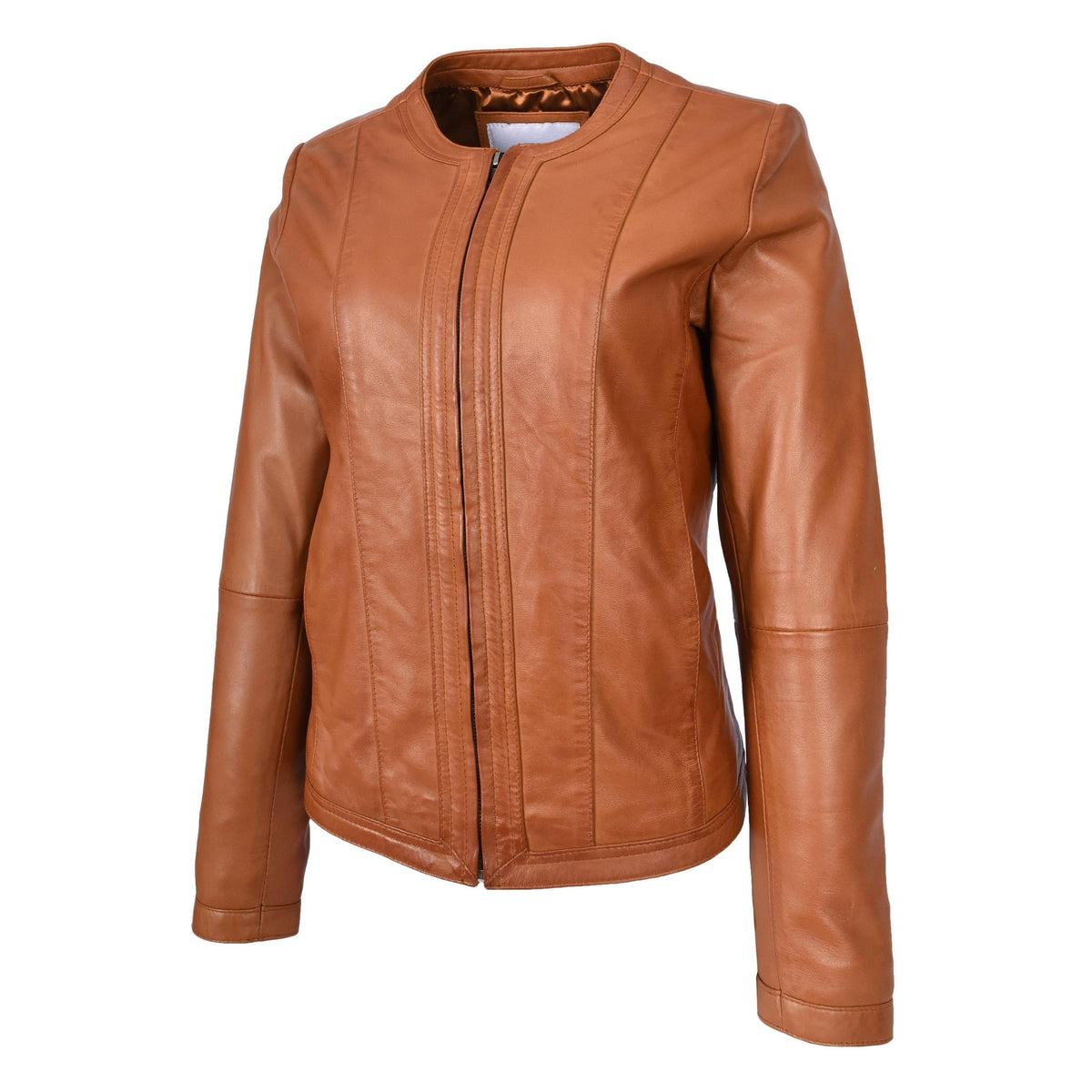 Womens Real Leather Collarless Fashion Jacket Slim Fit Style Clara Tan - genuine leather jacket in tan with two convenient outer pockets