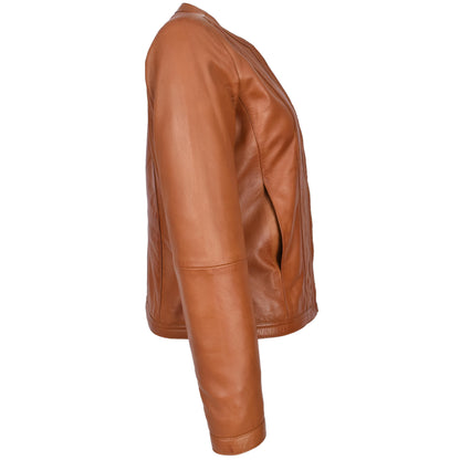 Womens Real Leather Collarless Fashion Jacket Slim Fit Style Clara Tan - genuine leather jacket in tan with comfortable polyester lining for a smooth fit