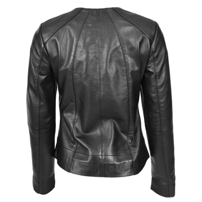 Womens Real Leather Collarless Jacket Classic Style Lottie Black - genuine leather jacket in black with comfortable polyester lining for a smooth fit