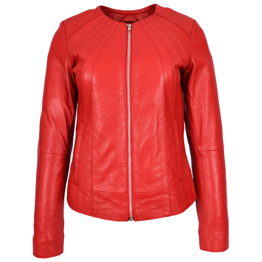 Womens Real Leather Collarless Jacket Classic Style Lottie Red - genuine leather jacket in red with crafted from premium sheep nappa leather