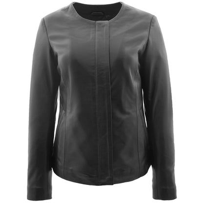 Womens Real Leather Collarless Jacket Moreno Black - genuine leather jacket in black with two outer pockets