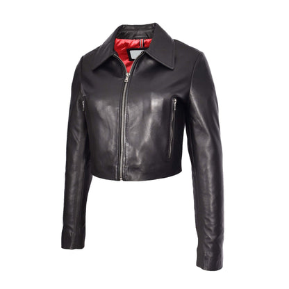 Womens Real Leather Cropped Bustier Bolero Jacket Cleo Black - genuine leather jacket in black with cropped
