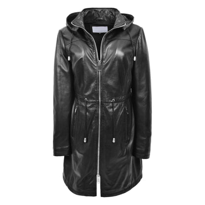Womens Real Leather Hooded Parka Coat Tyra Black - genuine leather coat in black with two outer pockets