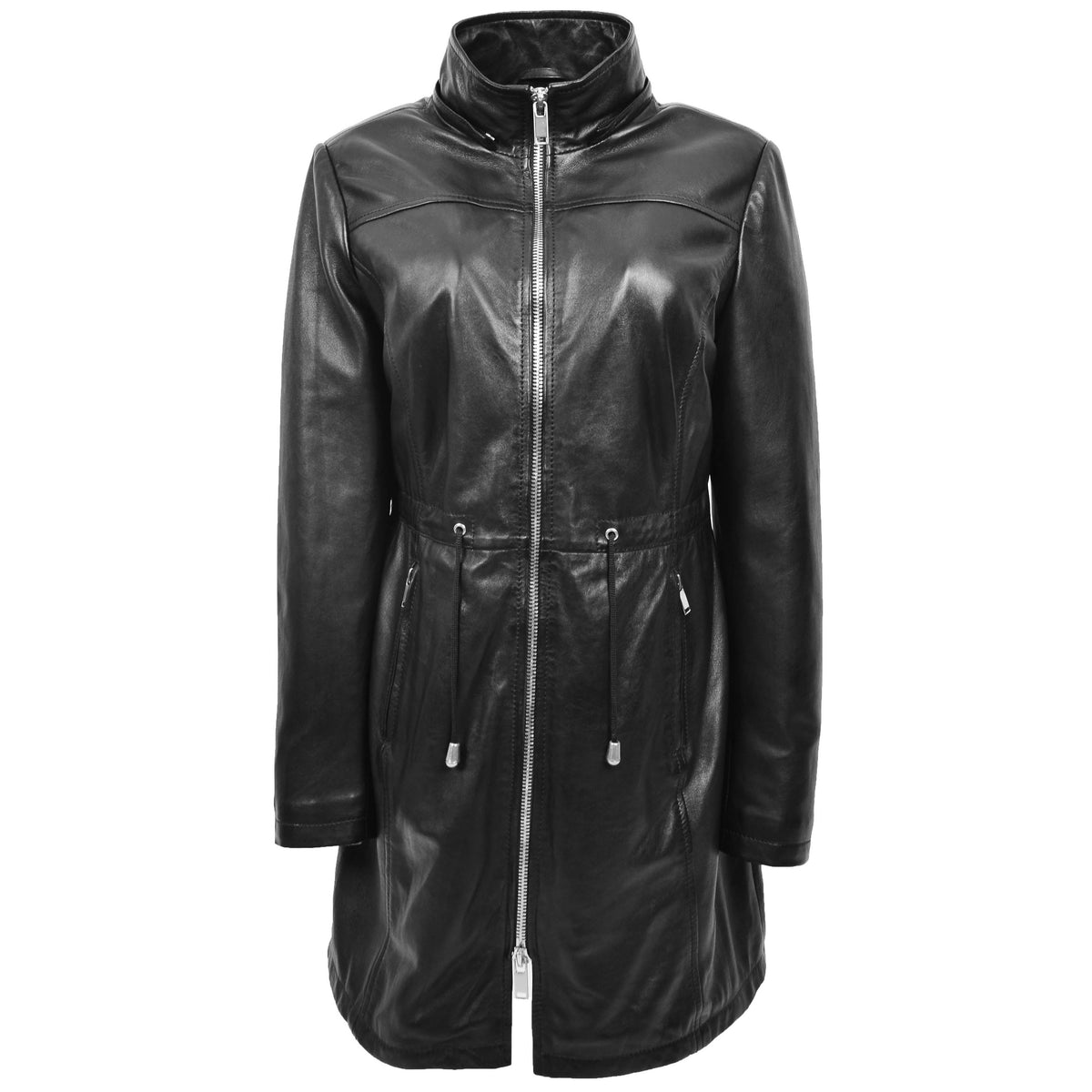 Womens Real Leather Hooded Parka Coat Tyra Black - genuine leather coat in black with hooded