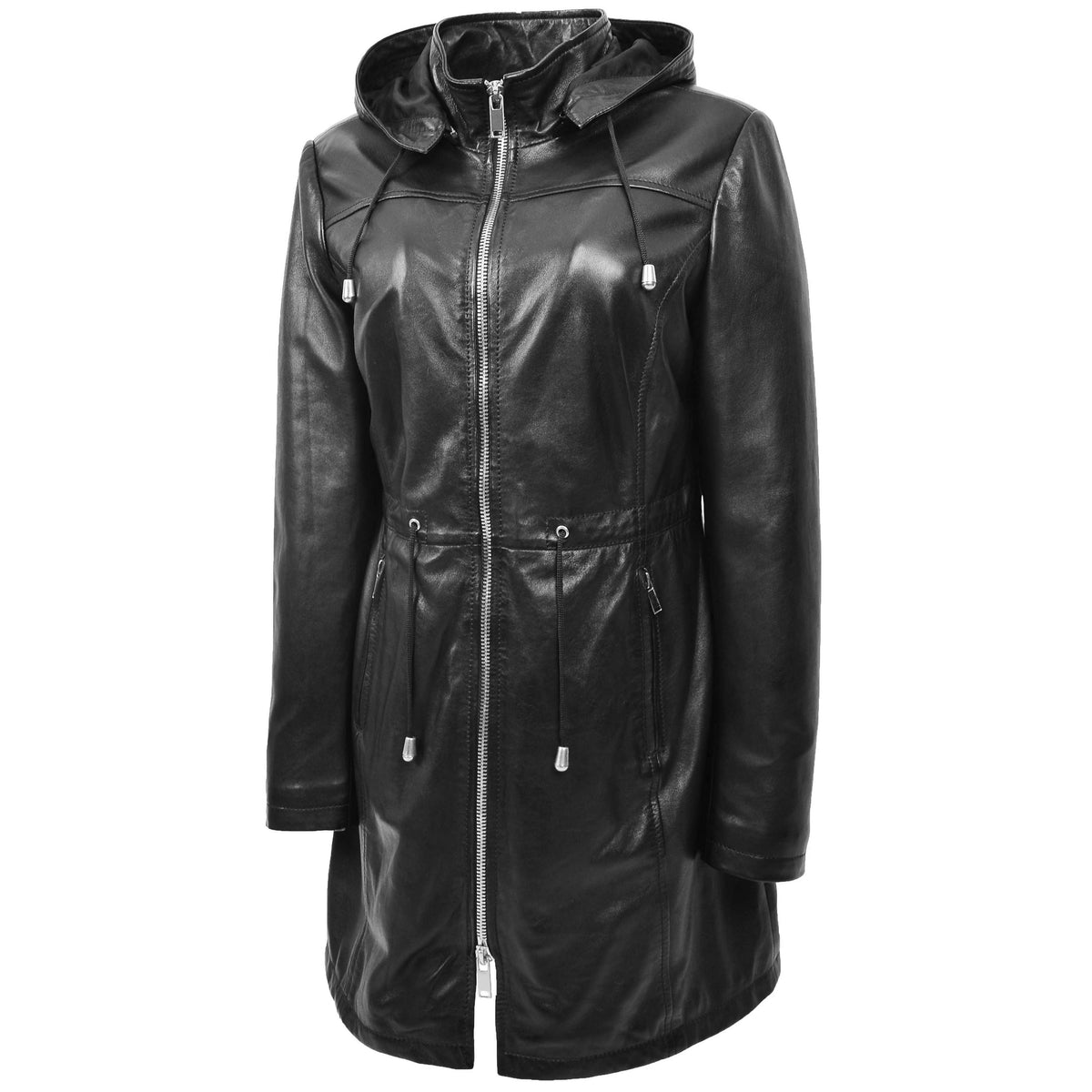 Womens Real Leather Hooded Parka Coat Tyra Black - genuine leather coat in black with parka