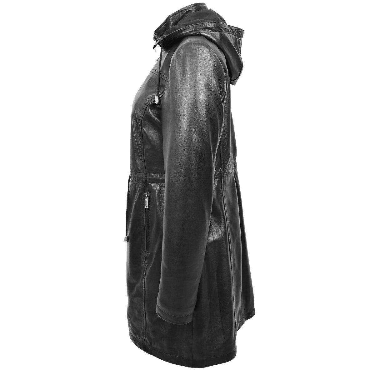 Womens Real Leather Hooded Parka Coat Tyra Black - genuine leather coat in black with two outer pockets