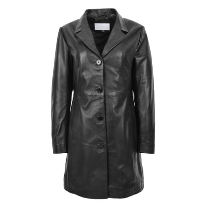 Womens Real Leather Mac Coat 3/4 Length Classic Style F99 Black - genuine leather coat in black with two outer pockets