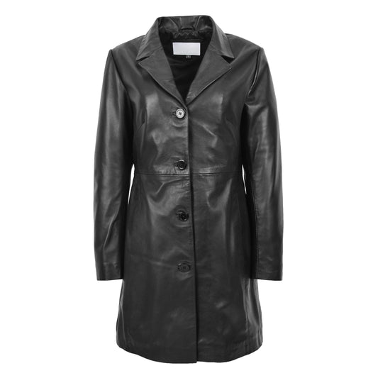 Womens Real Leather Mac Coat 3/4 Length Classic Style F99 Black - genuine leather coat in black with two outer pockets