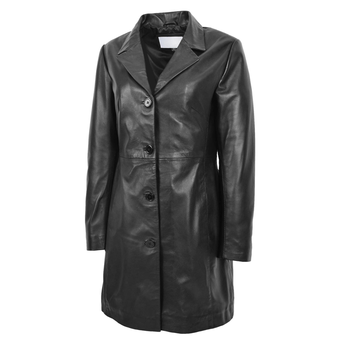 Womens Real Leather Mac Coat 3/4 Length Classic Style F99 Black - genuine leather coat in black with two outer pockets