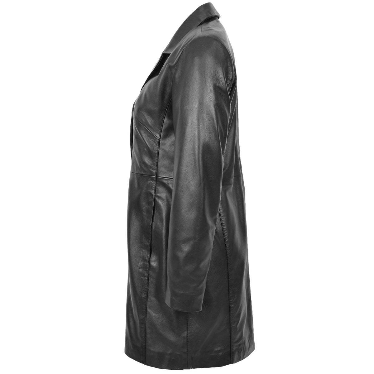 Womens Real Leather Mac Coat 3/4 Length Classic Style F99 Black - genuine leather coat in black with two outer pockets