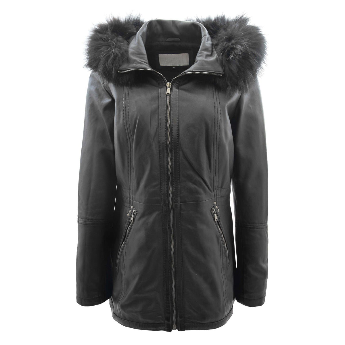 Womens Real Leather Mid Length Coat Fleur Black - genuine leather coat in black with two outer pockets