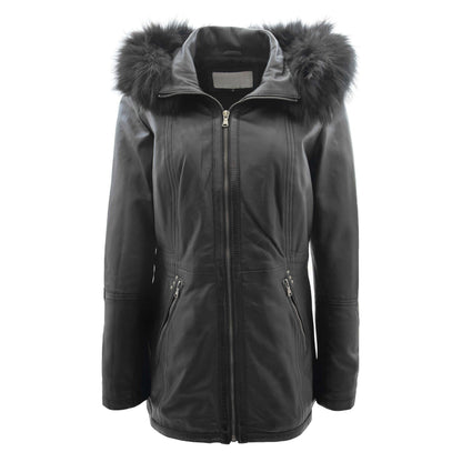 Womens Real Leather Mid Length Coat Fleur Black - genuine leather coat in black with two outer pockets