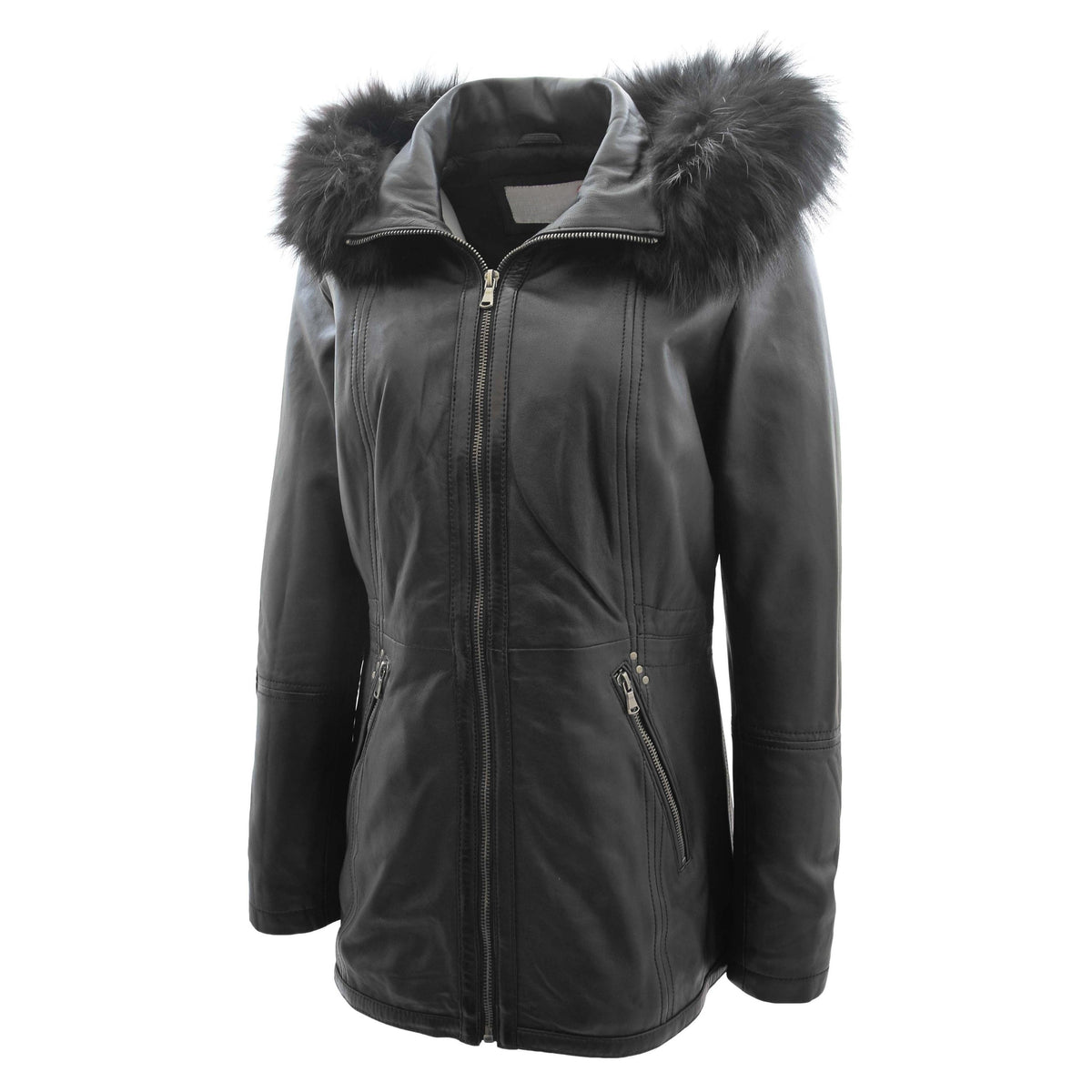 Womens Real Leather Mid Length Coat Fleur Black - genuine leather coat in black with two outer pockets