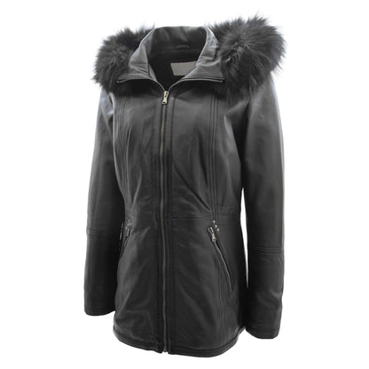Womens Real Leather Mid Length Coat Fleur Black - genuine leather coat in black with two outer pockets