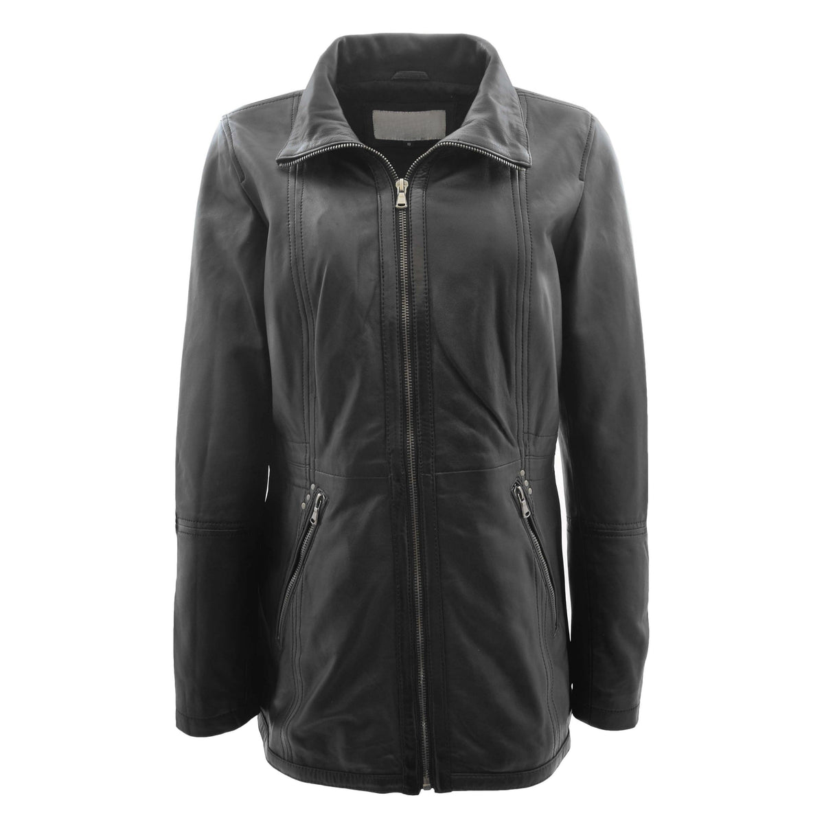 Womens Real Leather Mid Length Coat Fleur Black - genuine leather coat in black with two outer pockets