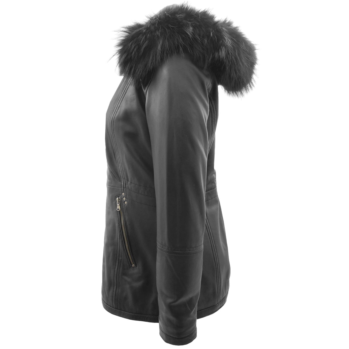 Womens Real Leather Mid Length Coat Fleur Black - genuine leather coat in black with two outer pockets