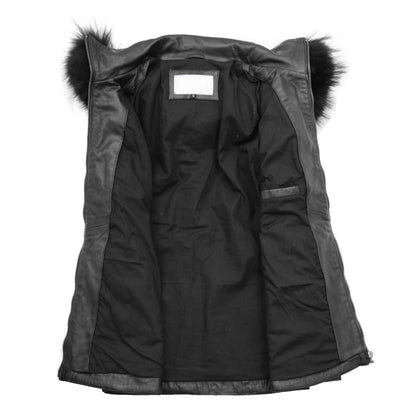 Womens Real Leather Mid Length Coat Fleur Black - genuine leather coat in black with two outer pockets