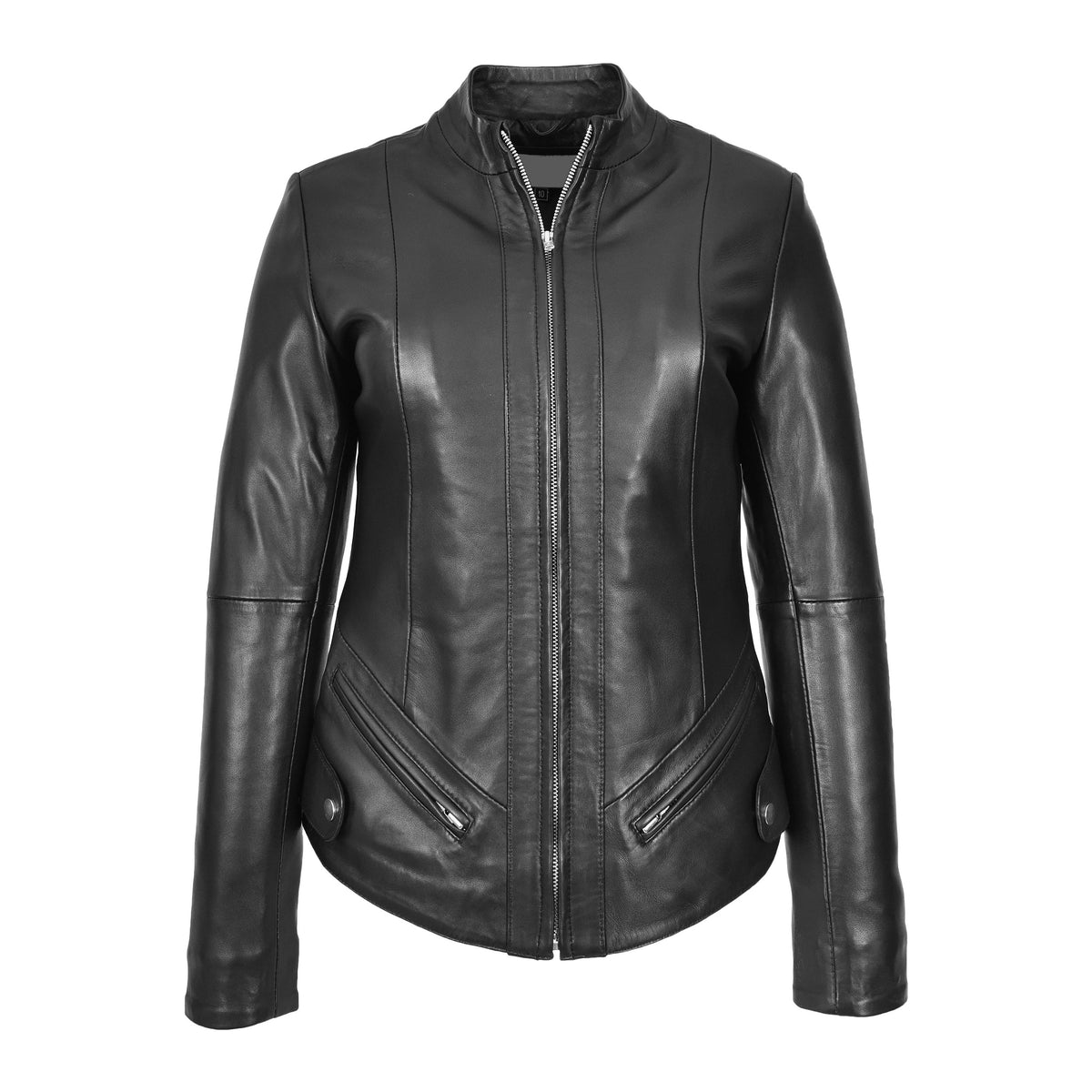 Womens Real Leather Slim Fit Biker Standing Collar Style Jacket Nibi Black - genuine leather jacket in black with made from luxury nappa leather