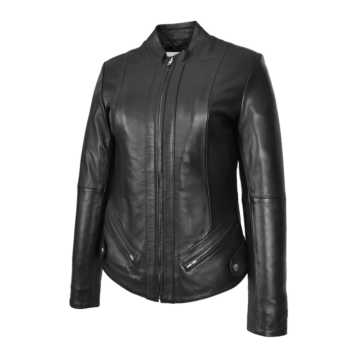 Womens Real Leather Slim Fit Biker Standing Collar Style Jacket Nibi Black - genuine leather jacket in black with it features a standing collar, front zip fastening