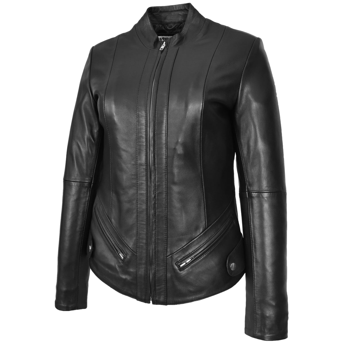 Womens Real Leather Slim Fit Biker Standing Collar Style Jacket Nibi Black - genuine leather jacket in black with comfortable polyester lining for a smooth fit