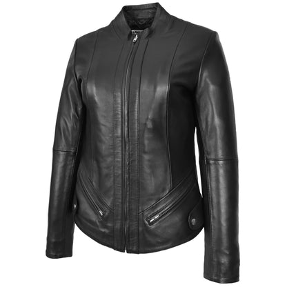 Womens Real Leather Slim Fit Biker Standing Collar Style Jacket Nibi Black - genuine leather jacket in black with comfortable polyester lining for a smooth fit