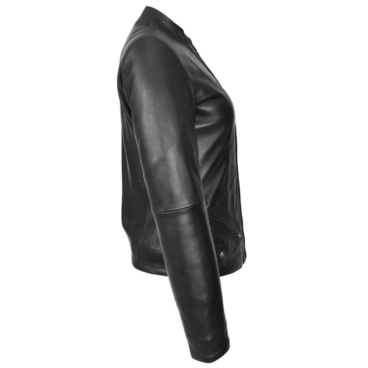 Womens Real Leather Slim Fit Biker Standing Collar Style Jacket Nibi Black - genuine leather jacket in black with slim fit